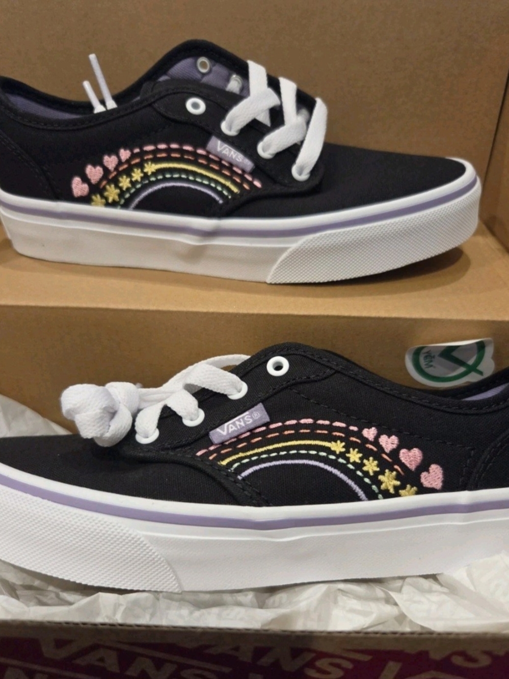 Vans Kids Black Canvas Sneakers with Pastel Rainbow Hearts
